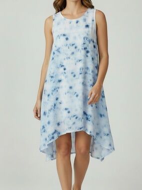 Donna Karan Sleeveless Light Blue Tie-Dye High-Low Dress